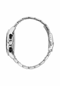 Orologio in acciaio inox argentato con quadrante rotondo, quadrante nero, funzioni cronografiche e bracciale a maglie. Comprende due pulsanti e una corona.