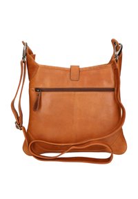 Borsa a tracolla in pelle marrone con tasca frontale con zip, tracolla regolabile e dettagli in cucitura. Texture liscia e design moderno.