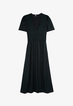Abito midi nero con maniche a palloncino corte, scollatura a V profonda, vita aderente con pieghe e un delicato motivo jacquard floreale.