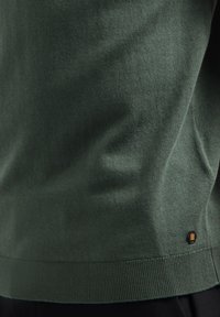 Groen sweater van zachte gebreide stof, met een geribbelde zoom en een klein logopatch aan de onderkant. Soepele textuur, klassiek ontwerp.