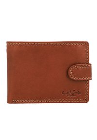 Brown leather wallet with a textured finish, rounded corners, visible stitching, snap closure, and embossed logo on the front.