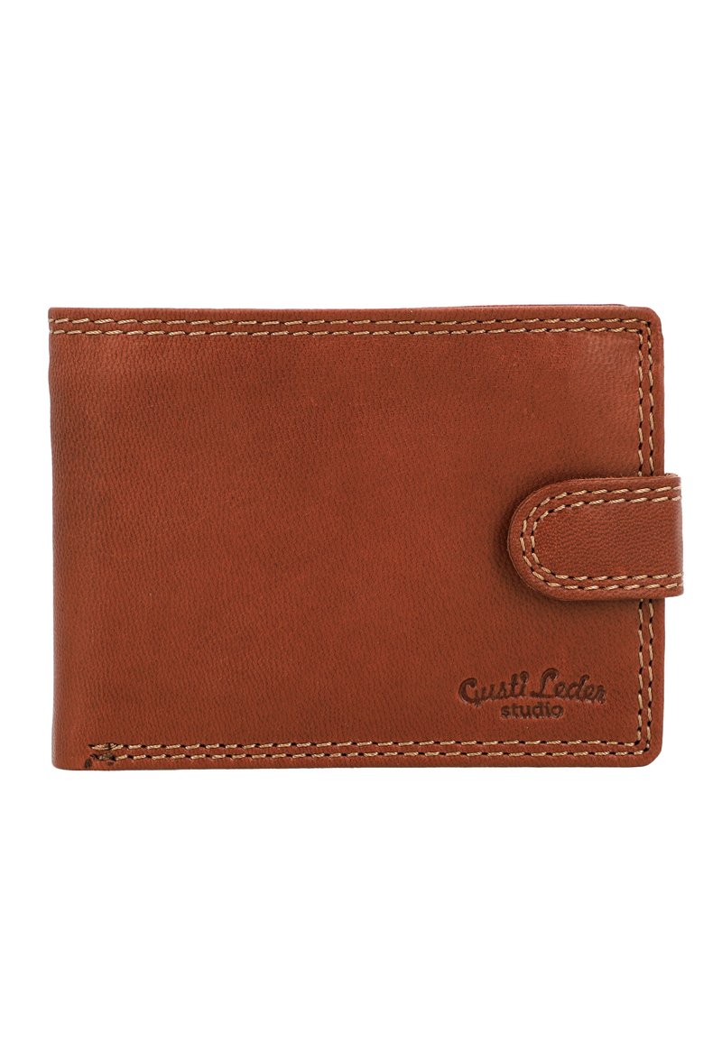 Brown leather wallet with a textured finish, rounded corners, visible stitching, snap closure, and embossed logo on the front.