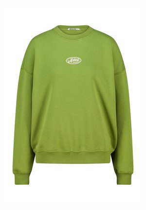 Groene sweatshirt met ronde hals, dropping schouders, ribgebreide manchetten en boord. Kenmerkt zich door een wit "Melrose" logo op de borst. Zachte stof textuur.