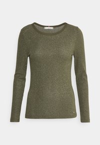 Langsleeve, olijfgroene top van ribbelmateriaal met subtiele metalen draden, voorzien van een ronde hals en slim fit ontwerp.