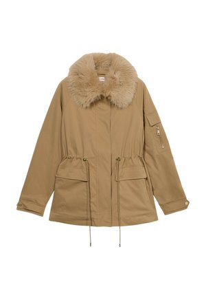 Beige Jacke mit einem Kunstfellkragen, Kordelzug in der Taille, zwei Vorderaschen und einer Reißverschlusstasche am Ärmel. Glattes Material, lockere Passform.