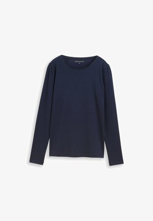 Navyblå skjorte med lange ærmer lavet af blødt stof med rund halsudskæring. Simpelt design uden mønstre eller accenter.