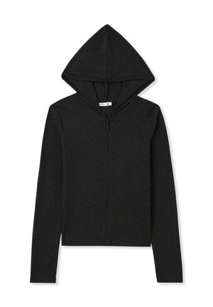 Felpa nera a coste con zip, maniche lunghe e cappuccio a punta. Il materiale sembra morbido e presenta un motivo testurizzato in tutto il capo.