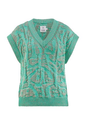Grüner gestrickter Poncho mit V-Ausschnitt und kurzen Ärmeln, ausgestattet mit einem strukturierten Muster und einem gerippten Saum. Leichtes und luftiges Material.