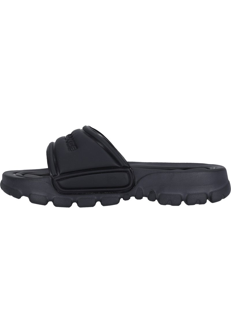 Black slide sandal with a padded upper and textured rubber outsole. Features a smooth synthetic material and raised logo detail.