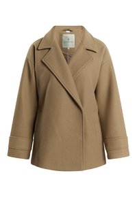 Bruine wolmixjas met een brede revers, driekwartmouwen, voorzakken en een gestructureerde silhouet. Gladde textuur.