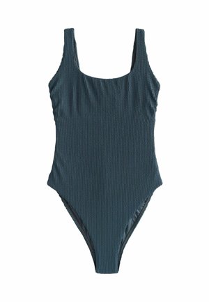 Costum de baie întreg, texturat, de culoare verde-albăstrui închis, cu bretele late și decolteu rotund, prezentat pe un fundal alb.