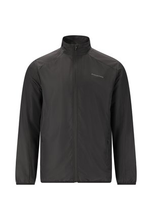 Schwarze leichte Jacke mit Stehkragen, durchgehendem Reißverschluss und elastischen Bündchen. Mit einem aufgedruckten Logo auf der Brust. Glatte Textur.