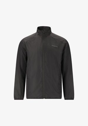 Schwarze leichte Jacke mit Stehkragen, durchgehendem Reißverschluss und elastischen Bündchen. Mit einem aufgedruckten Logo auf der Brust. Glatte Textur.