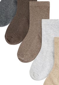 Ensemble de six chaussettes côtelées dans des nuances variées : gris foncé, marron, brun clair, beige, gris clair et crème. Chacune présente un design en maille texturée.
