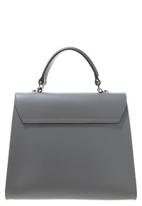 Szara skórzana torebka o strukturalnym kształcie, z górnym uchwytem i zapięciem na klapkę. Charakteryzuje się czystymi liniami oraz subtelnymi detalami przeszycia.