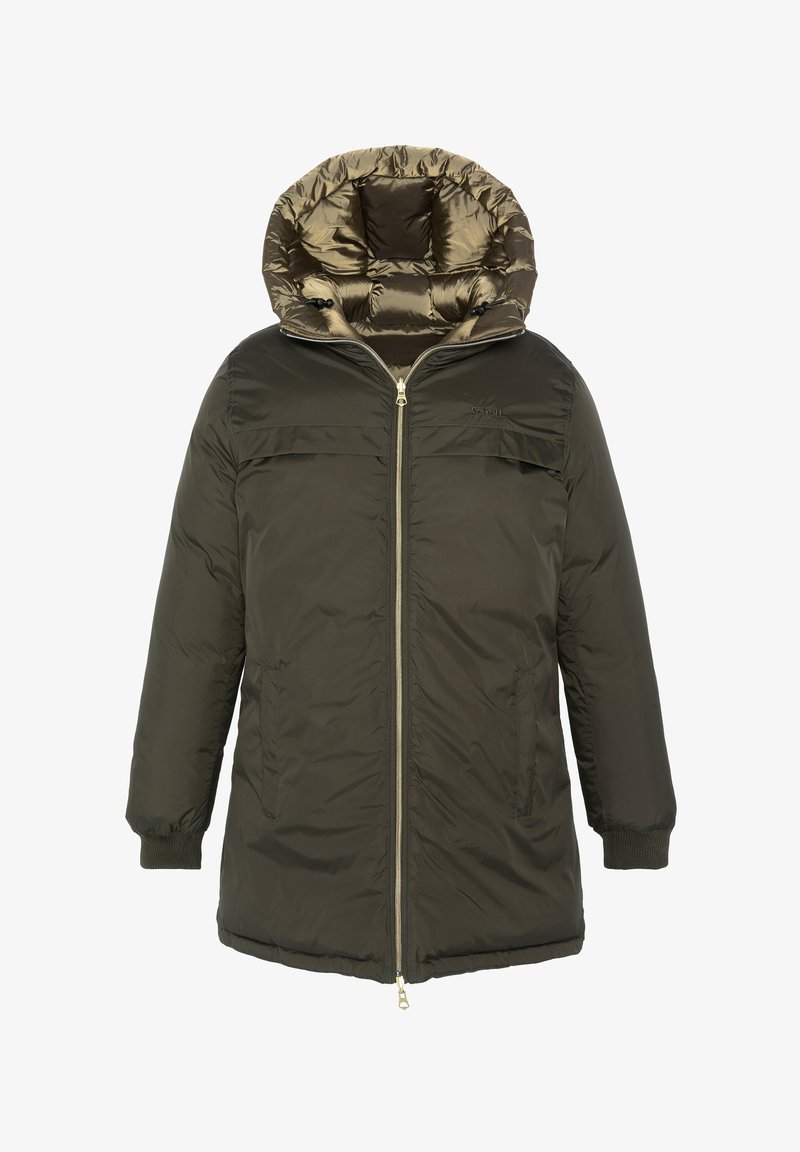 Oliven grøn pufferjakke med en skinnende, guldfarvet indvendig, lynlås lukning, to sidelommer og ribbede manchetter, samt en stor, quilted hætte.