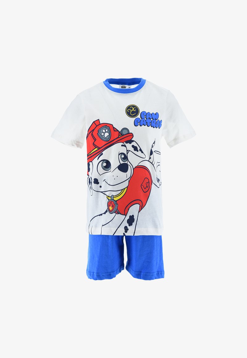 Set di pigiama per bambini a maniche corte composto da una maglietta bianca con una grafica di un cane colorato e pantaloni corti blu, realizzato in morbido cotone.