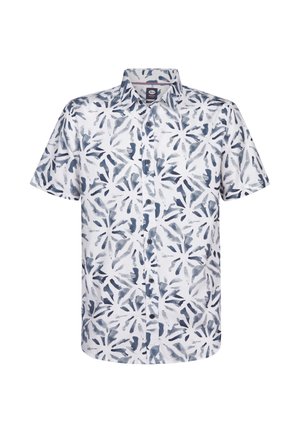 Camicia a maniche corte con bottoni, bianca con motivo di foglie astratte blu, caratterizzata da un colletto standard e bottoni scuri. Tessuto in misto cotone.