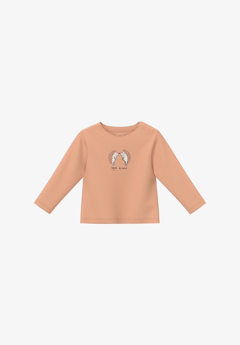 Langärmliges, korallenfarbenes Oberteil aus weichem Stoff mit einer verspielten Grafik von zwei Tieren und dem Text "beste Freund". Knopfdetail an der Schulter.