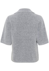 Srajca kratkih rokavov iz sive volne z ovratnikom, ki ima mehak otip in sproščen kroj, vidne šive ob robovih.