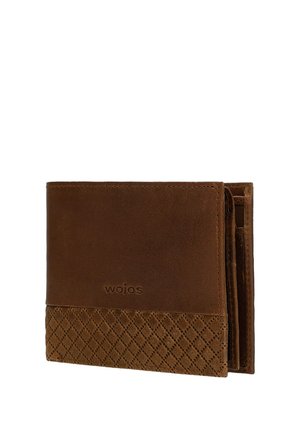 Bruine leren portemonnee met een gestructureerd patroon aan de onderkant en een geperst "wojas" logo aan de voorkant, gedeeltelijk open.