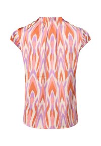 Bluzka z krótkim rękawem z pomarańczowym, różowym i lawendowym abstrakcyjnym wzorem, z plisowanym dekoltem i gładkiego, lekkiego materiału.