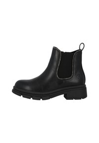 Botas de piel negras hasta el tobillo con paneles laterales elásticos, material texturizado, costuras plateadas, punta redonda y suela negra resistente.