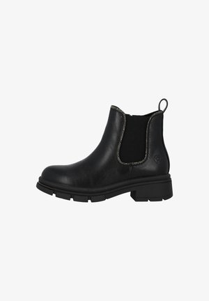Schwarze Leder-Stiefeletten mit elastischen Seiteneinsätzen, strukturiertem Material, silberner Naht, abgerundeter Zehenpartie und robuster schwarzer Sohle.