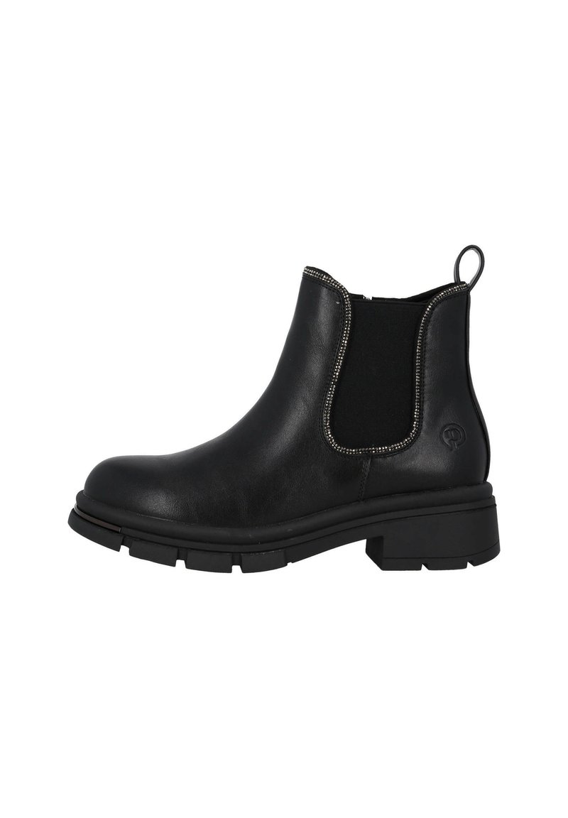 Botas de piel negras hasta el tobillo con paneles laterales elásticos, material texturizado, costuras plateadas, punta redonda y suela negra resistente.