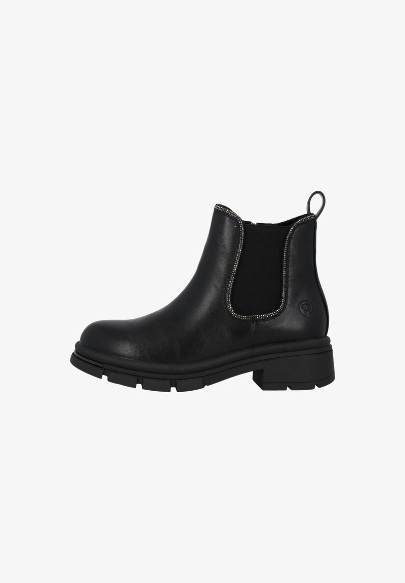 Botas de piel negras hasta el tobillo con paneles laterales elásticos, material texturizado, costuras plateadas, punta redonda y suela negra resistente.