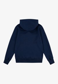 Hoodie bleu marine en tissu doux, doté d'une capuche à cordon, de manches longues et de bords côtelés aux poignets et à l'ourlet. Aucune décoration sur le devant.