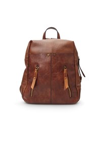 Zaino in pelle marrone con finitura testurizzata, due cerniere frontali e dettagli in pelle beige. Presenta una maniglia superiore e spallacci regolabili.