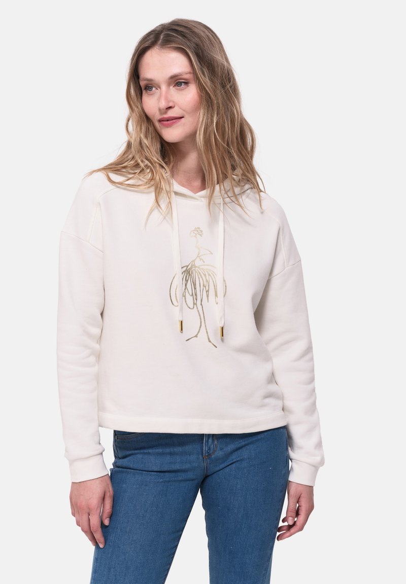 Lichtbeige hoodie met een frontgraphic, voorzien van een gouden omlijning. Zacht materiaal, losse pasvorm, met verstelbare trekkoorden en ribgebreide manchetten.