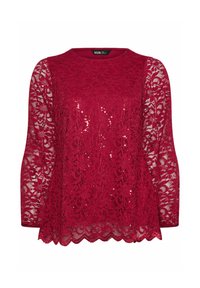 Top in pizzo rosso con maniche lunghe, caratterizzato da un orlo a scallop e dettagli in paillettes sul davanti, realizzato in un delicato tessuto testurizzato.