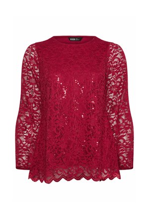 Top de encaje rojo con mangas largas, con un dobladillo festoneado y acentos de lentejuelas en la parte delantera, fabricado con una delicada tela texturizada.