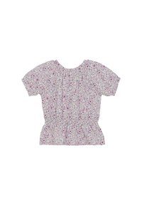 Blouse met bloemenpatroon en korte mouwen in lichtpaars, met een geplooide halslijn en taille. Zachte, lichte stof met een relaxte pasvorm.