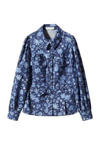 Navy floral shirt with light blue patterns, button closure, two chest pockets, and puffed sleeves. Made of lightweight fabric with a smooth texture.