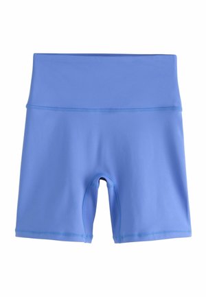 Hellblaue, nahtlose, elastische Biker-Shorts mit hoher Taille, breitem Bund und knielangem Schnitt.