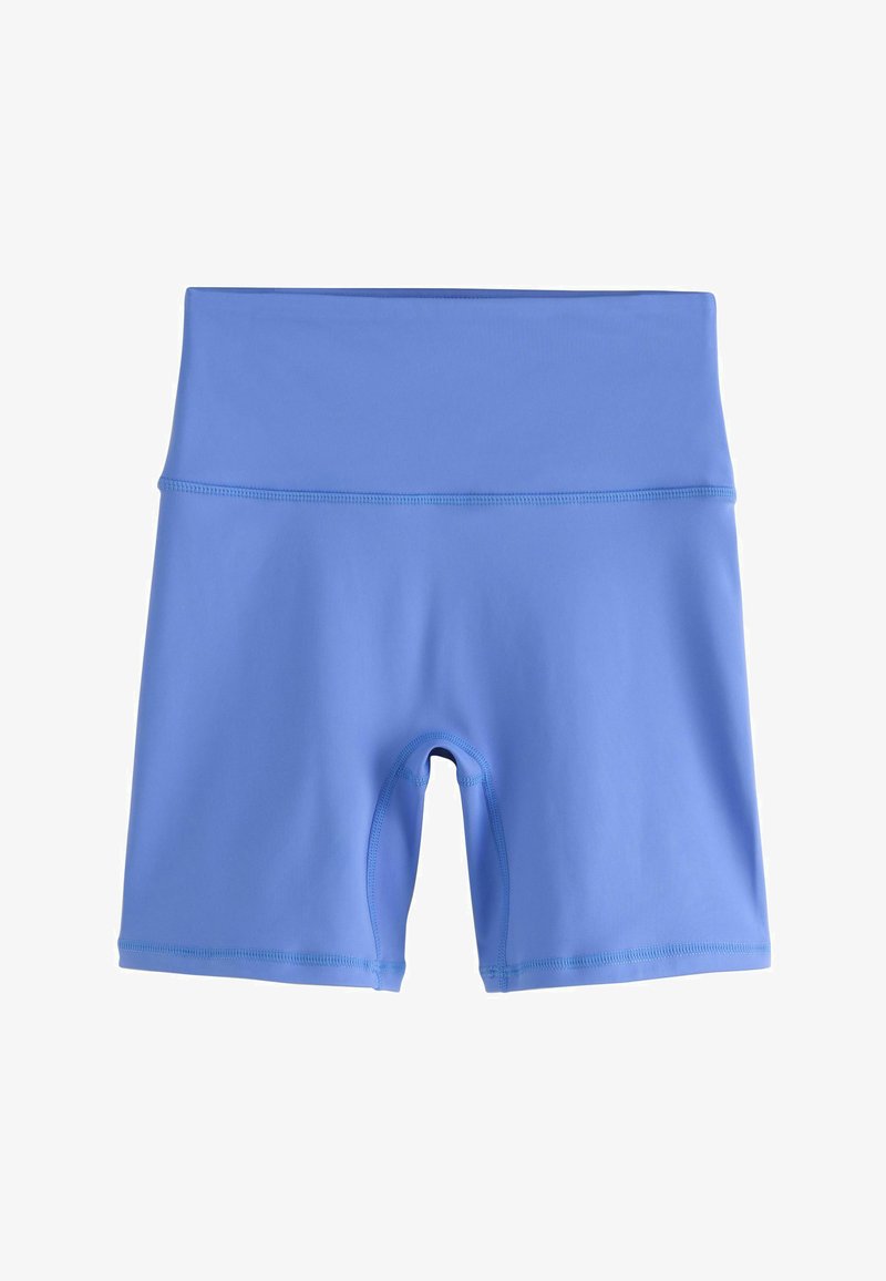 Shorts de cyclisme extensibles sans couture, taille haute, bleu clair, avec une large ceinture et une coupe arrivant au genou.