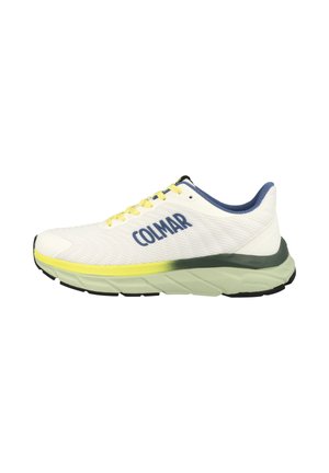 Witte sportschoen met gele veters, blauwe binnenvoering, groene en gele zool, en een "COLMAR" logo aan de zijkant.
