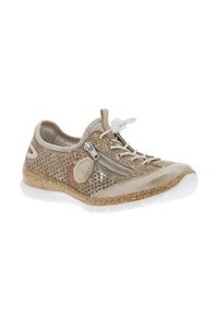 Sneaker con tomaia in rete beige, dettagli metallici decorativi, zip laterale e una suola in sughero imbottita. Presenta lacci elasticizzati.