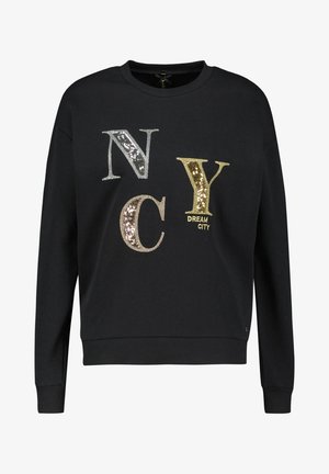 Sort sweatshirt med lange ærmer med palietbogstaverne "N", "C", "Y" i sølv, guld og bronze, med "DREAM CITY" i guld under "Y".