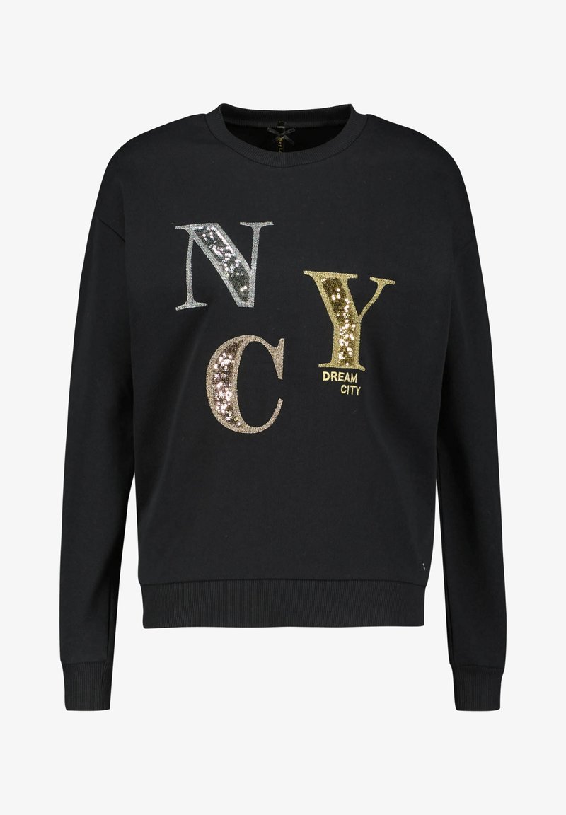 Sweat-shirt noir à manches longues avec des lettres pailletées "N", "C", "Y" en argent, or et bronze, avec "DREAM CITY" en or sous le "Y".