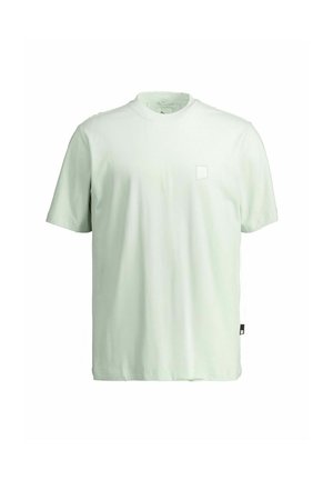 Plain light green short-sleeve crew neck t-shirt with a small square logo on the left chest and a black tag on the side hem.
