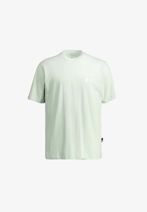 Plain light green short-sleeve crew neck t-shirt with a small square logo on the left chest and a black tag on the side hem.
