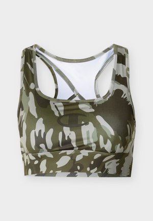Reggiseno sportivo camouflage verde e grigio con design a schiena a vogatore e logo Champion al centro sul davanti.