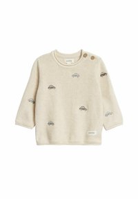 Beige strikket babytrøje med lange ærmer, med små broderede biler i grå og brun. To træknapper på skulderen.