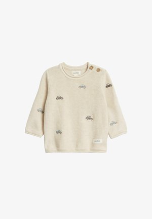 Beiger gestrickter Baby-Pullover mit langen Ärmeln, versehen mit kleinen, in Grau und Braun bestickten Autos. Zwei Holzknöpfe an der Schulter.