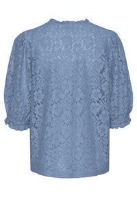 Blusa di pizzo blu con motivo floreale, design morbido, scollatura rimborsata e maniche gather con polsini elastici.