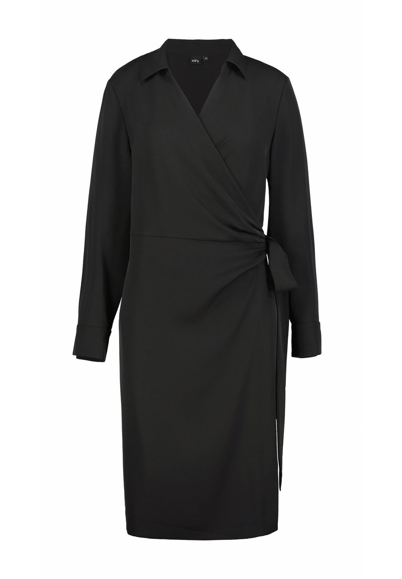 Schwarzes Wickelkleid mit langen Ärmeln, Kragen und seitlichem Bindeband. Aus glattem Stoff gefertigt, zeichnet sich durch eine taillierte Taille und einen geraden Schnitt aus.